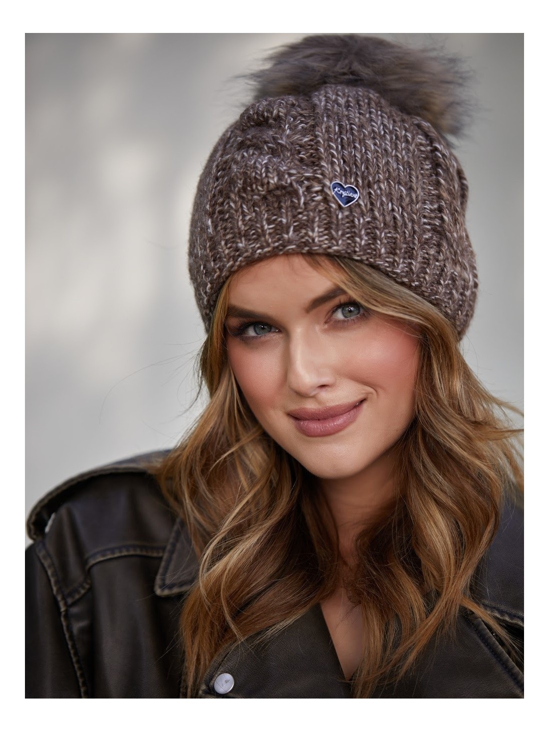 Winter hat with a pompom, brown C39 - Online store - Boutique